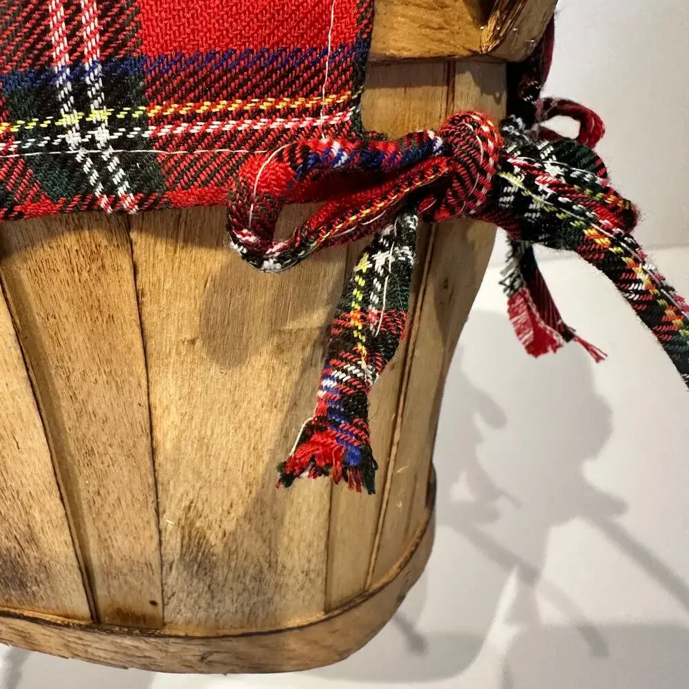 Large Oblong Red Plaid Fabric Lined Basket Gift Basket 22x8.5x7.5 Wooden Handles